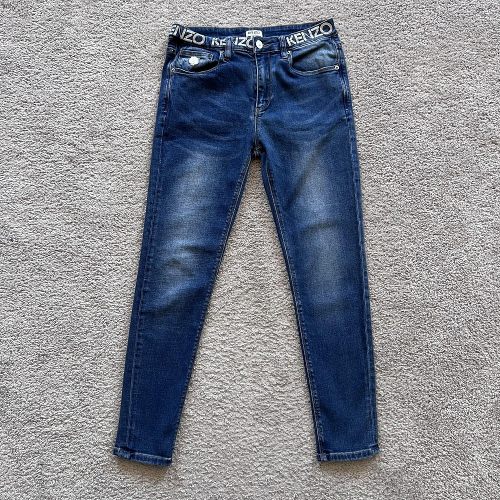 Kenzo Jungle Skinny Jeans Mens 28x26 Blue Stretch Denim Logo Waistband Tiger